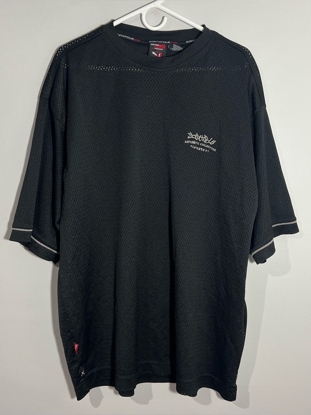 Vintage SouthPole Denim Black White Mesh Short Sleeve Jersey Shirt Mens XL